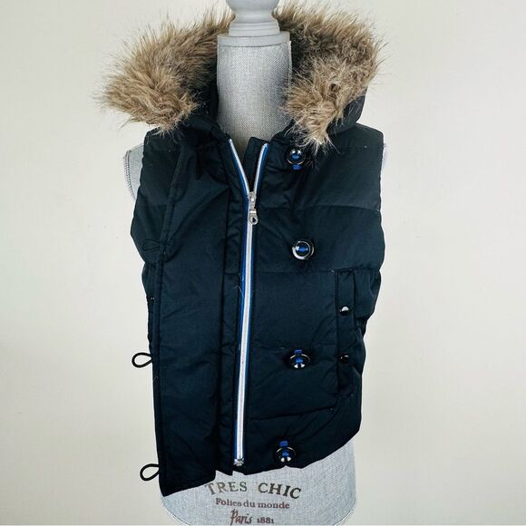 GAP Womens SZ S Cropped Puffer Down Vest Black Zip Detachable Hood Faux Fur - Picture 5 of 12